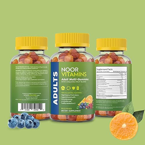 Noor Vitamins Halal Adult Multivitamin Gummy with Organic Fruit Blend for Men and Women; Non-GMO, Gluten Free, Vegan Friendly Gelatin Free Halal Vitamins - 90 Count