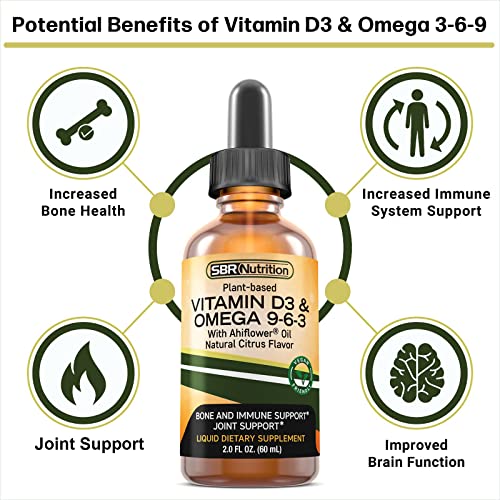 SBR Nutrition Plant-Based Vitamin D3 and Omega 3-6-9 Liquid Dietary Supplement with Ahiflower Oil, Bone, Immune, Inflammation Support, Natural Orange Citrus Flavor, 2oz (60mL), 30 Servings