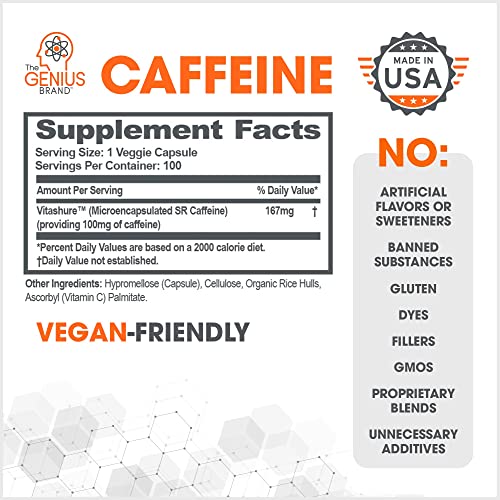 Genius Caffeine Pills 100mg, Extended-Release Microencapsulated Caffeine Pills - All-Natural Non-Crash Sustained Energy, Focus & Concentration Supplement - Nootropic Brain Booster - 100 Capsules