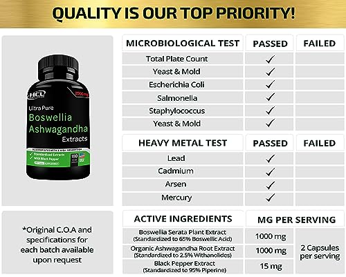 Boswellia Extract and Organic Ashwagandha Capsules 2000 mg - Strong Natural Joint Support Pills 3 month supply - Extra Strength Boswellia Serrata 65% Boswellic Acid with Ashwagandha Powder Supplement