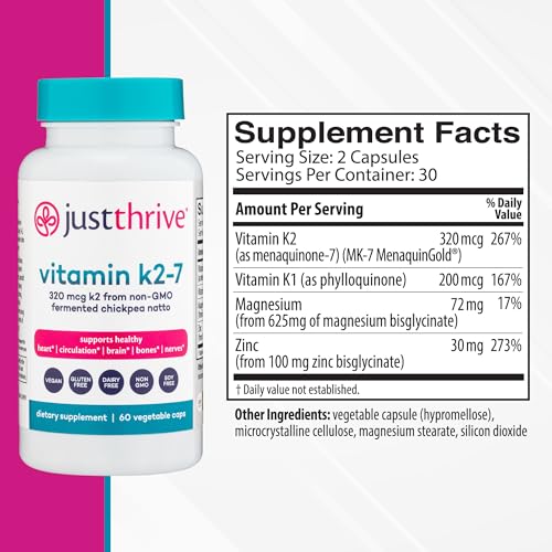 Just Thrive Vitamin K2-7 - Bone, Brain, and Heart Health K2 Vitamin Supplement, 60 Capsules