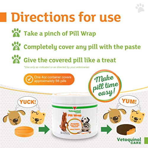 Vetoquinol Pill Wrap Treats for Dogs & Cats – 4oz, 56 servings – Hides Any Size, Shaped Pill – Moist, Flavorful & Shapeable Pill Pocket Paste – Easy-to-Swallow Masking Pill Pouch for Training & Treats