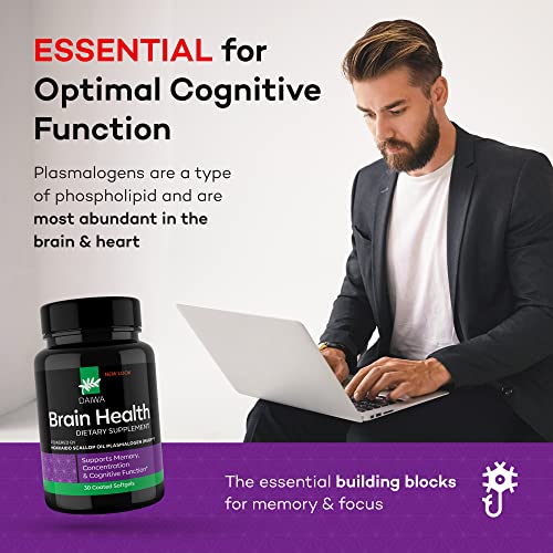 Daiwa Brain Health Plasmalogen Memory Supplement for Better Focus and Cognitive Function - Brain Support Supplement with 50mg of Hokkaido Scallop Oil Plasmalogens (HSOP)