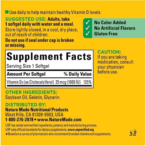 Nature Made® Vitamin D3 1000 iu (25 mcg) softgels 300 ct. Total 600 ct, Helps Support Immune Health, Bonus: (1) Collagen One Plus for Beauty and Skin Health, 30 Capsules