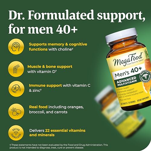 MegaFood Men's 40+ Advanced Multivitamin for Men - Dr-Formulated - Choline, Vitamin B, Vitamin C, Vitamin D, Zinc & Real Food - Brain Health, Immune Support - Vegetarian - 60 Tabs (30 Servings)