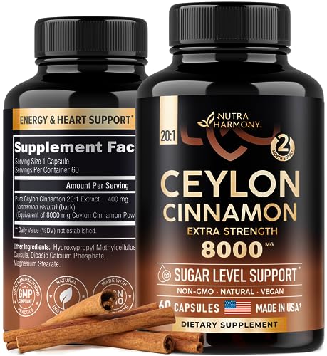 Ceylon Cinnamon Capsules - 8000 mg, Extra Strength - Made in USA - Energy, Heart & Metabolism Support - for Men & Women - Pure Natural Extract 20:1 Supplement - 60 Vegan Pills, 2 Month Supply