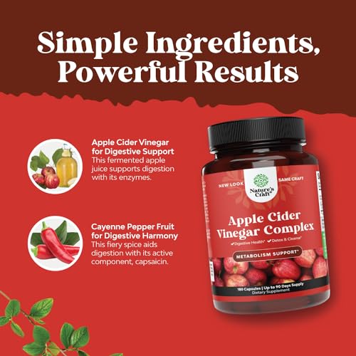 Cleansing Apple Cider Vinegar Capsules - ACV Deep Cleanse and Detox Pills for Gut and Digestive Health with Slimming Cayenne - Extra Strength ACV for Hunger Gut Cleanse and Full Body Detox 180 Count