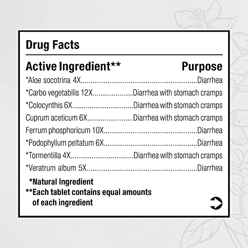 BHI Diarrhea Relief Fast-Acting Natural Remedy for Mild Diarrhea 8 Soothing Homeopathic Actives Help Calm Stomach Pain Gas Indigestion & Cramps for Women & Men - 100 Tablets