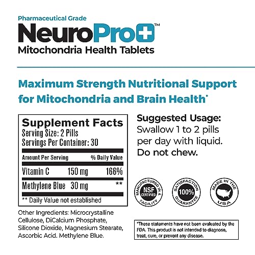 Best 365 Labs NeuroPro+ Maximum Strength Mitochondria Health Tablets - Methylene Blue and Vitamin C - Fast Acting Neuro Support - Improve Focus and Memory - 60 Tablets