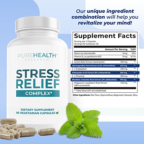 PUREHEALTH RESEARCH Stress Relief Supplement Complex - Anxiousness and Depression Supplements for Mood Support with Lemon Balm Extract, Ashwaghanda, Schizandra Extract and Rhodiola, 1 Bottle