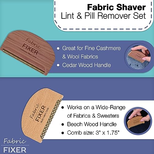 Cashmere Pill Remover Comb & Multi Fabric Shaver Depilling Sweater Fuzz Comb Set (Cedar & Beech Wood) Wool Pilling Remover for Delicate Clothing Fabrics, Furniture, Pillows, Sheets by Fabric Fixer