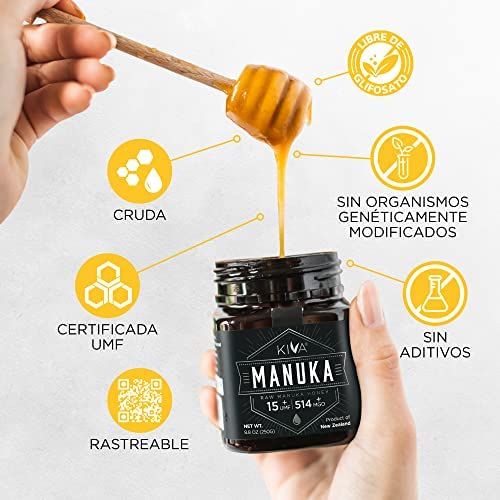 Kiva Raw Manuka Honey, Certified UMF 15+ | MGO 514+ | 100% Pure Genuine New Zealand (8.8oz/250g Bottle) | Non-GMO | No Antibiotics | Traceable | UMF & MGO Certified