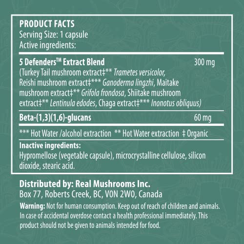 5 Defenders Mushroom Supplements for Cat & Dog Vitamins for Health Support with Chaga, Shiitake, Reishi & Turkey Tail Mushroom - Vet-Approved Mushroom Powder Capsules (90ct)