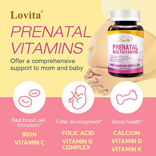 Lovita Prenatal Vitamins with Iron 27 mg, Folic Acid 800mcg & Calcium, Vegan Prenatal Vitamins for Women During and Post Preganacy, Non GMO, 180 Vegetarian Prenatal Pills