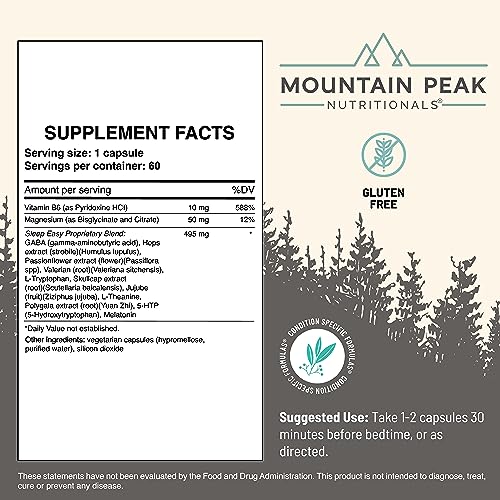 Mountain Peak Nutritionals Sleep Easy - Sleep Support Supplement Promoting A Relaxed & Calm Mood - 5-HTP, Amino Acids, Melatonin, & Magnesium - Hypoallergenic Dietary Supplement (60 Capsules)