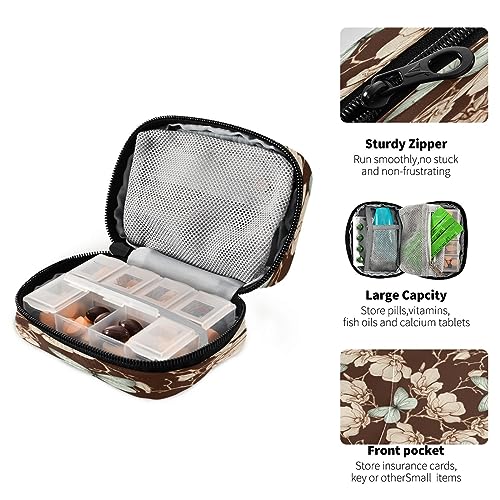 Takiito Retro Butterfly Flower Travel Pill Organizer Bag, Weekly Daily Pill Case Bag Portable Pill Box for Vitamin Supplement Medicine