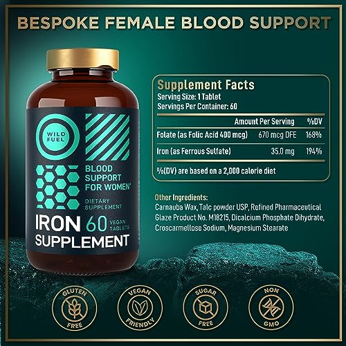 Iron Supplement for Women with Folic Acid - 194% Daily Iron Vitamins Ferrous Sulfate, 168% Folate Folic Acid - Iron Pills for Women with Anemia and Pregnant Women - 60 Gluten-Free, Vegan Iron Tablets