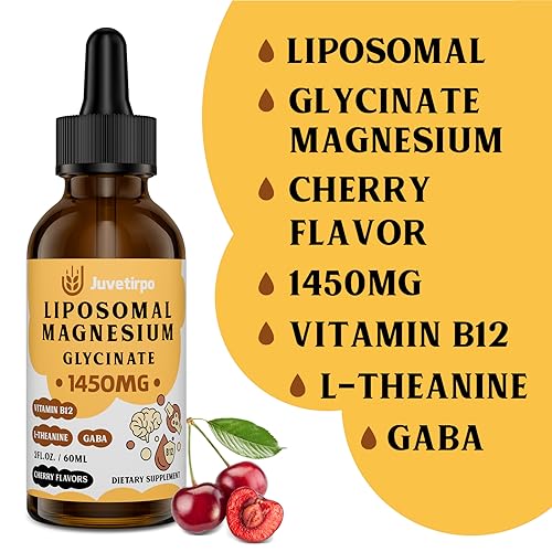 Magnesium Glycinate Liquid Drops - Liposomal Chelate with Cherry Flavor for Easy Absorption, Promotes Sleep, Mood, Intestinal & Bone Health, Reduces Stress - 60ML (2.04 Fl Oz (Pack of 1))