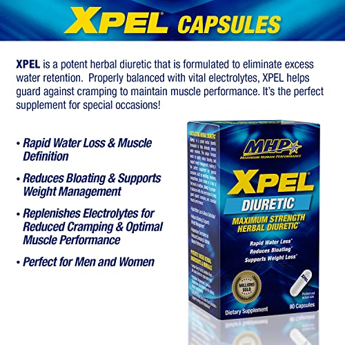 MHP Xpel Maximum Strength Diuretic Water Pills, for Water Retention Relief, Weight loss Support, with Vitamin B-6 Potassium Dandelion Root, 80 Capsules