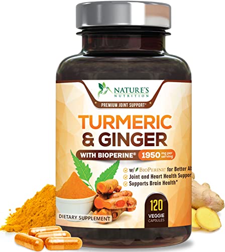 Turmeric Curcumin with BioPerine & Ginger 95% Standardized Curcuminoids 1950mg - Black Pepper for Max Absorption, Natural Joint Support, Natures Tumeric Extract Supplement Non-GMO - 120 Capsules