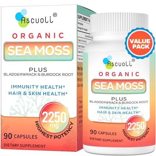 Ascuoli Organic Sea Moss 2250mg, Seamoss, Bladderwrack & Burdock Root, Sea Moss Capsules, Wild Irish Sea Moss for Immune Health, Mood Booster, Thyroid, Skin, Nails & Joint Health - 90 Vegan Capsules