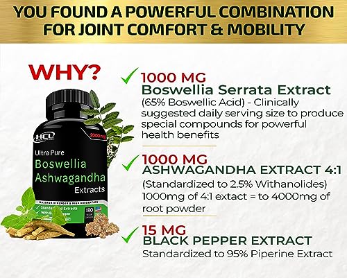 Boswellia Extract and Organic Ashwagandha Capsules 2000 mg - Strong Natural Joint Support Pills 3 month supply - Extra Strength Boswellia Serrata 65% Boswellic Acid with Ashwagandha Powder Supplement