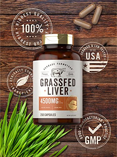 Grass Fed Beef Liver Capsules 4500mg | 250 Count | Desiccated Supplement | Non-GMO, Gluten Free | by Herbage Farmstead