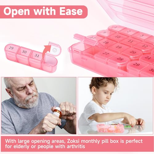 Zoksi Monthly Pill Organizer 1 Time a Day, 30 Day Pill Box Organizer Once a Day, One Month Large Pill Case for Travel, 31 Day Daily Medcine Container for Vitamins, Supplement & Medication (Pink)