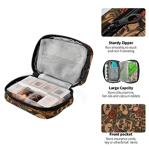 Skulls Guns Roses Travel Pill Organizer Case Daily Pill Medicine Box Organizer Protable Pill Container for Fish Oils Vitamin Holder Supplement Travel Gifts