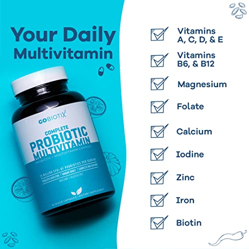 GOBIOTIX Probiotic Multivitamin Supplement - Daily Multivitamins with Probiotics - 25 Billion CFU - Boost Immunity and Digestive Health, Probiotics for Women and Men - Gluten Free Pills - 90 Capsules