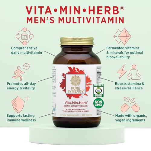 PURE SYNERGY Vita·Min·Herb for Men | Men’s Comprehensive Multivitamin Supplement | Made with Organic Whole Food Non-GMO Ingredients | Daily Energy & Immune Support (120 Tablets)