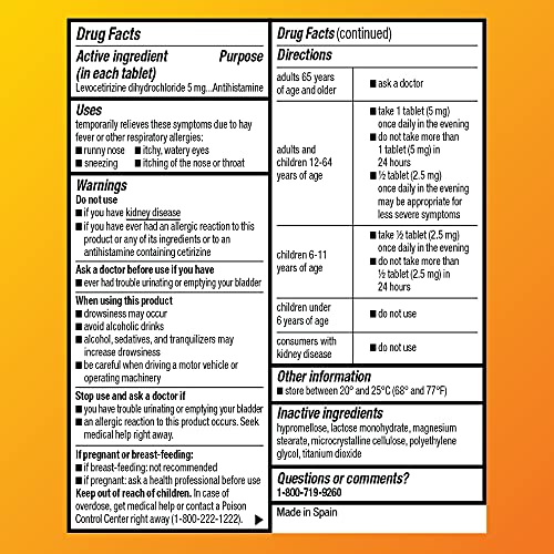 Amazon Basic Care 24 Hour Allergy Relief, Levocetirizine Dihydrochloride Tablets, 5 mg, Antihistamine, Relieves Sneezing, Runny Nose, Itchy Nose or Throat and Itchy, Watery Eyes, 80 Count