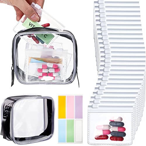 Pill Pouches Reusable Clear Zippered Pill Bag, Transparent PVC Toiletry Carry Pouch, 180 Pcs Waterproof Labels Stickers Travel Organizer Storage with Slide Lock for Pills Small Items (26 Pcs)