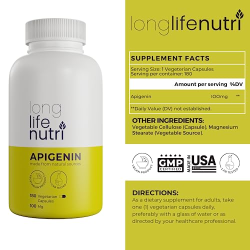 Apigenin Supplement 100mg 180 Vegetarian Capsules | Powerful Bioflavonoid Found in Chamomile Extract | Natural Prostate Health Support | Pure Herbal Complex for Sleep Stress Mood | 100 mg Powder Pill