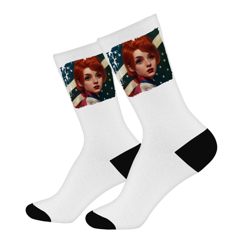 Girl Red Hair American Flag Socks - Art Novelty Socks - Cool Crew Socks