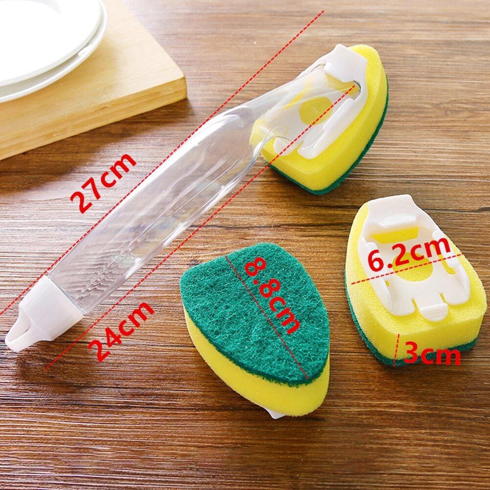 Multi-Purpose Soap Dispensing Dish Brush Set with Replaceable Sponge Heads