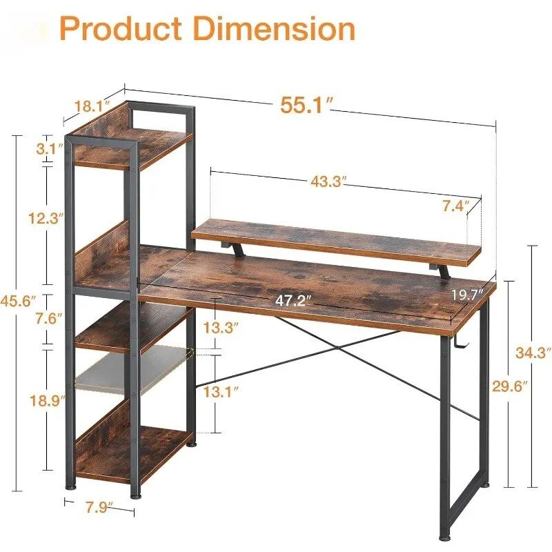 55 Inch Multi-Functional Computer Desk with Storage Shelves and Monitor Stand for Home Office