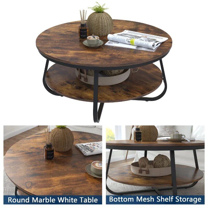 38.5" Rustic Round Coffee Table with Open Storage and Sturdy Metal Legs