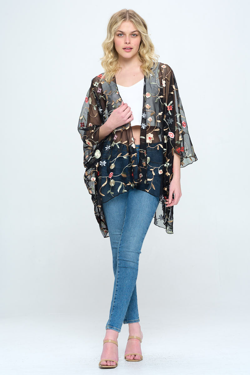 Floral embroidered mesh oversized kimono