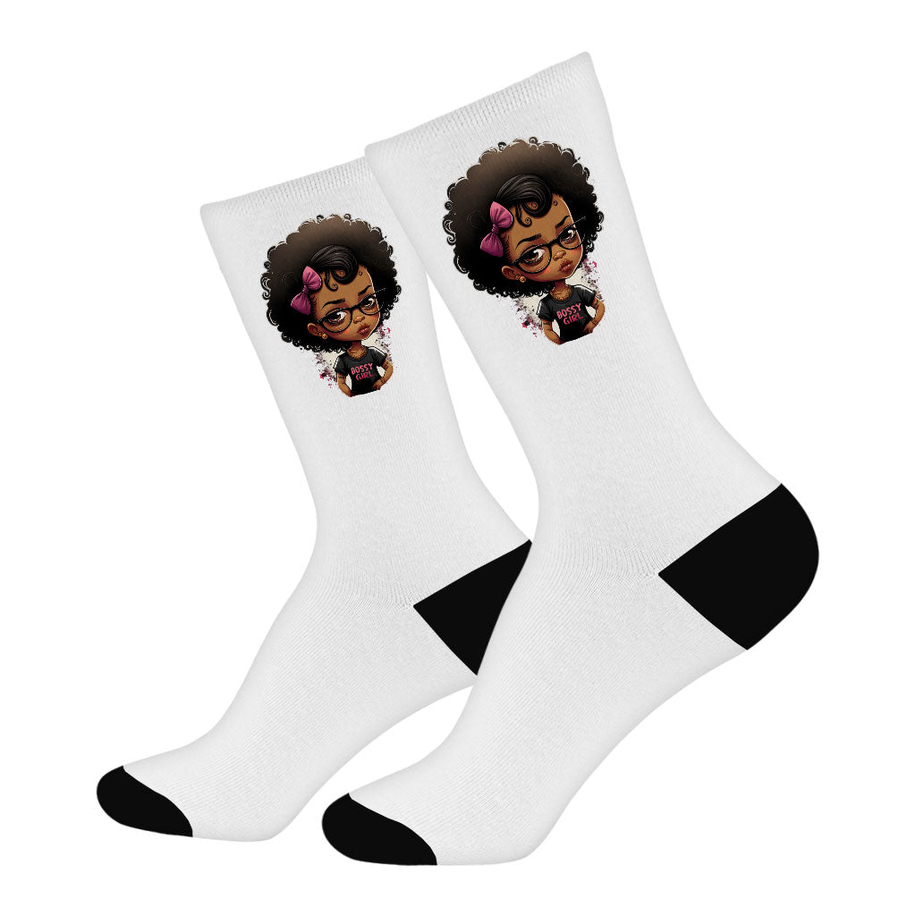 Cute Anime Black Girl Socks - Graphic Novelty Socks - Cartoon Crew Socks