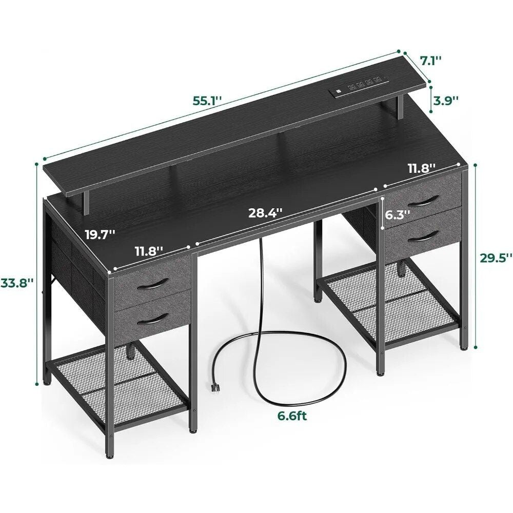 55-inch Multifunctional Computer Desk with LED Lighting and Power Outlets