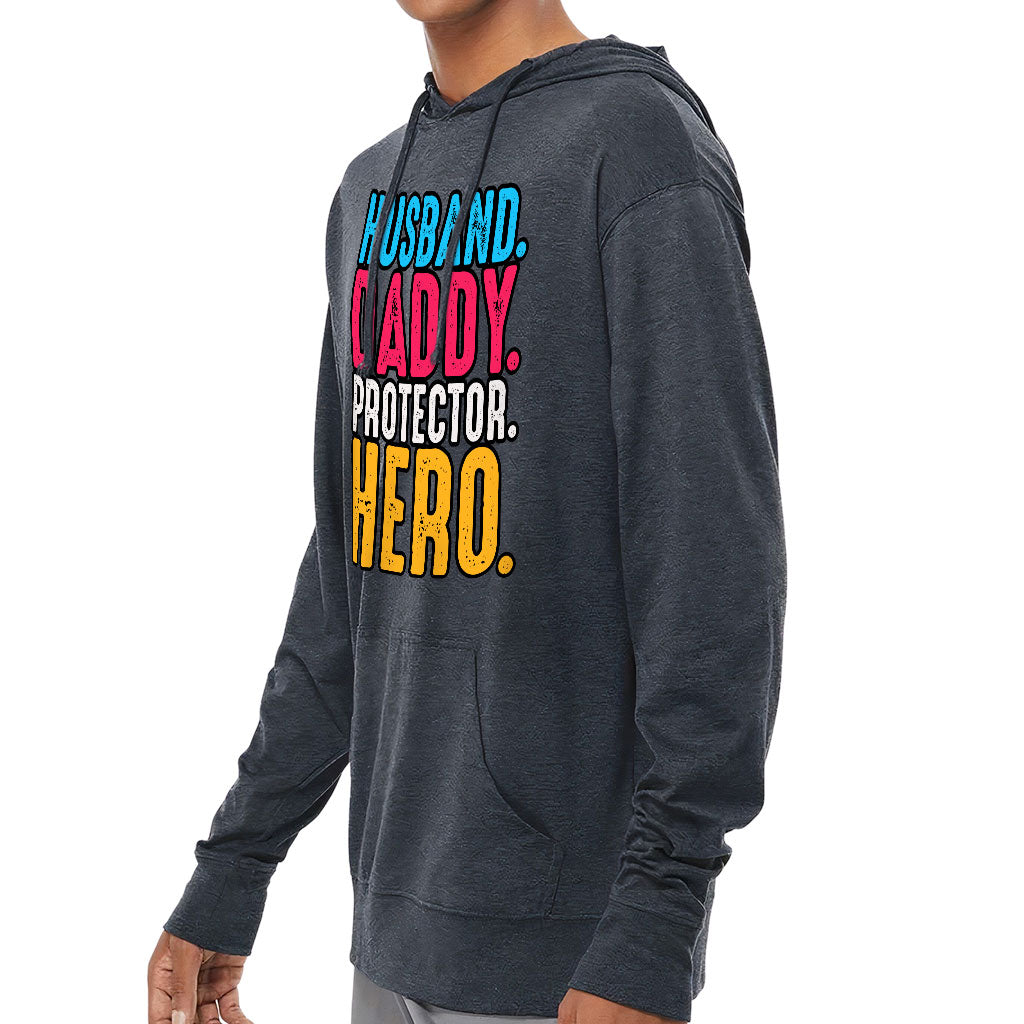 Husband Daddy Protector Hero Lightweight Jersey Hoodie - Cool Hooded Pullover - Printed Hoodie