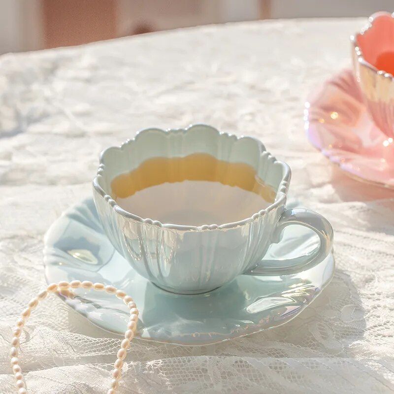 Elegant 240ml Ceramic Petal Cup with Saucer - Coffee, Tea, and Milk Mug