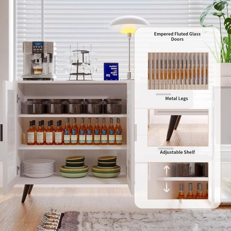 Elegant White Sideboard Buffet Cabinet with Tempered Glass Doors and Adjustable Shelves