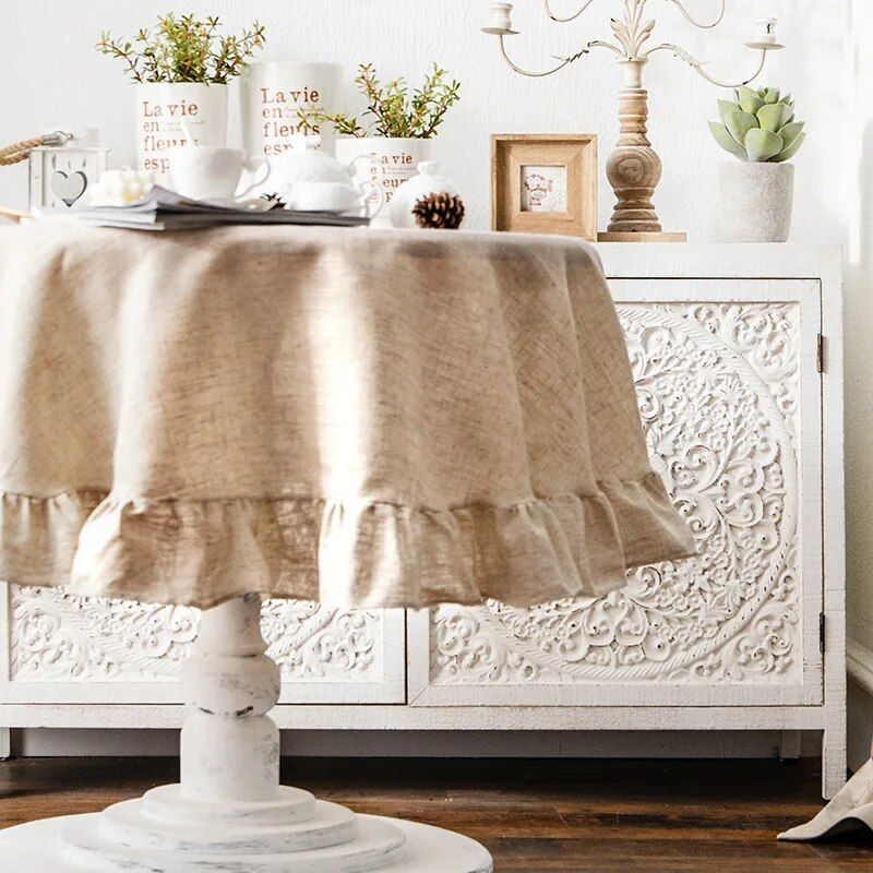 Elegant Cotton Linen Ruffle Tablecloth