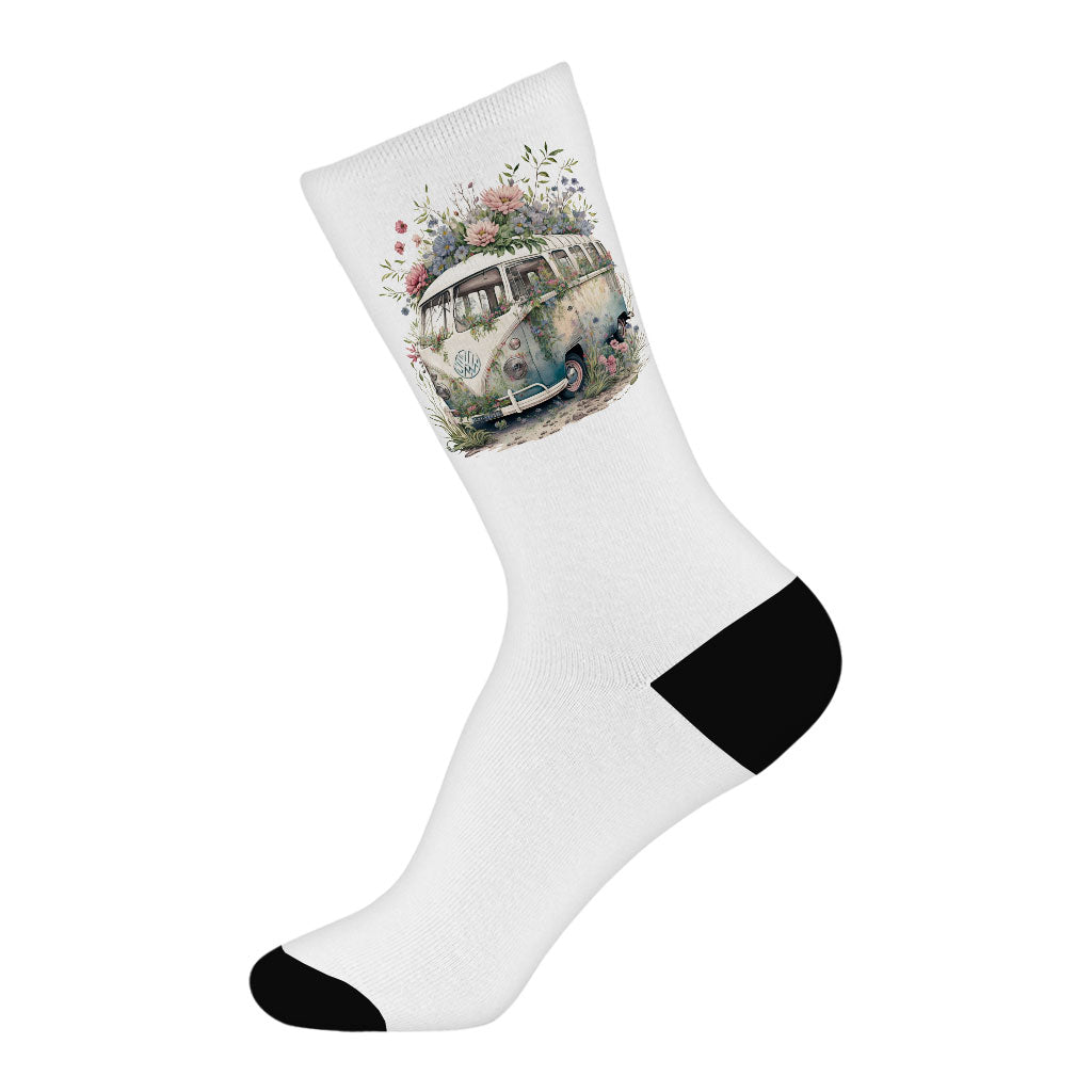 Bus Socks - Floral Design Novelty Socks - Graphic Crew Socks