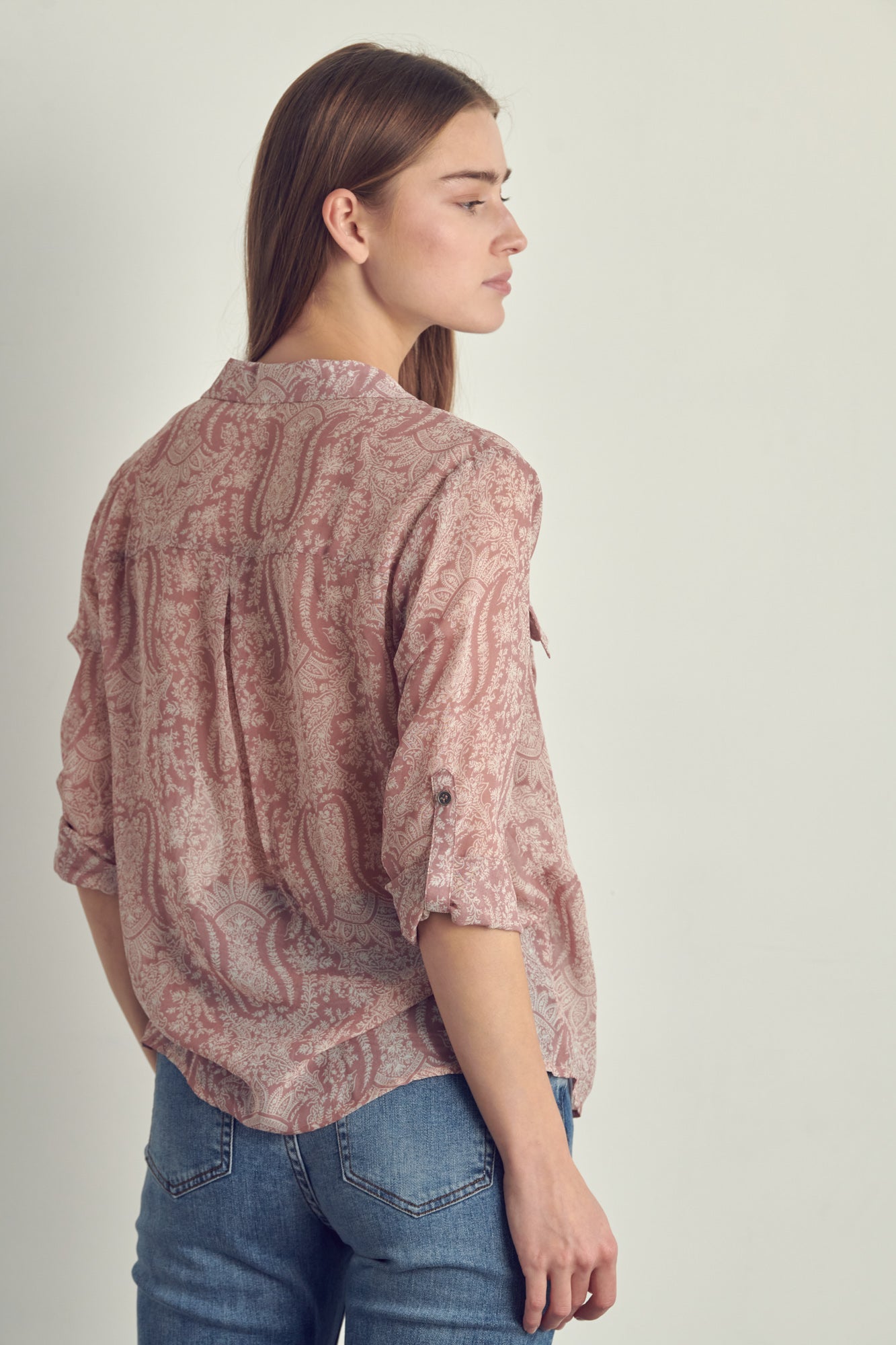 Draped front swirl print blouse