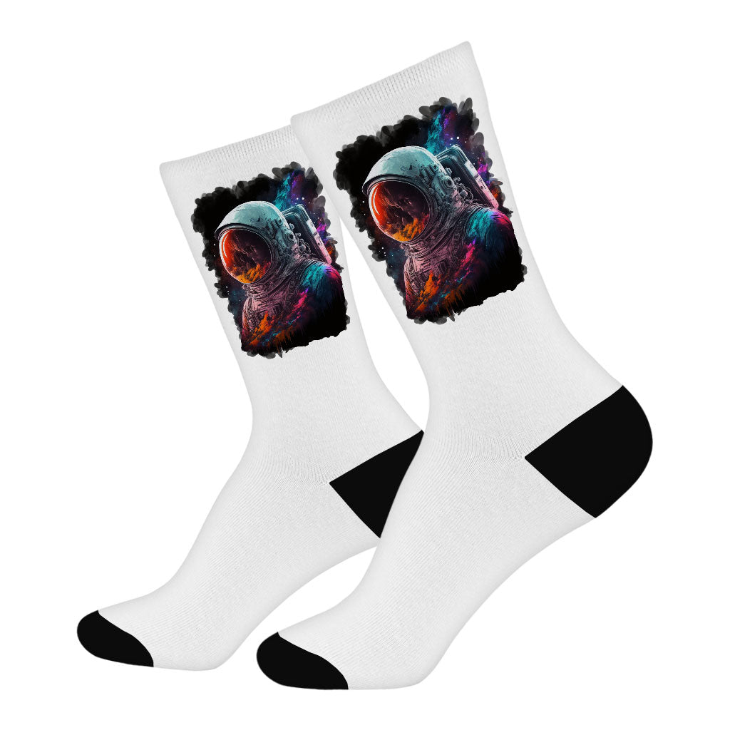 Space Astronaut Socks - Cool Art Novelty Socks - Colorful Crew Socks