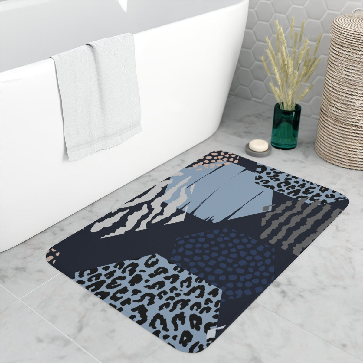 Uniquely You Memory Foam Bath Mat, Blue Grey White Print Hexagons