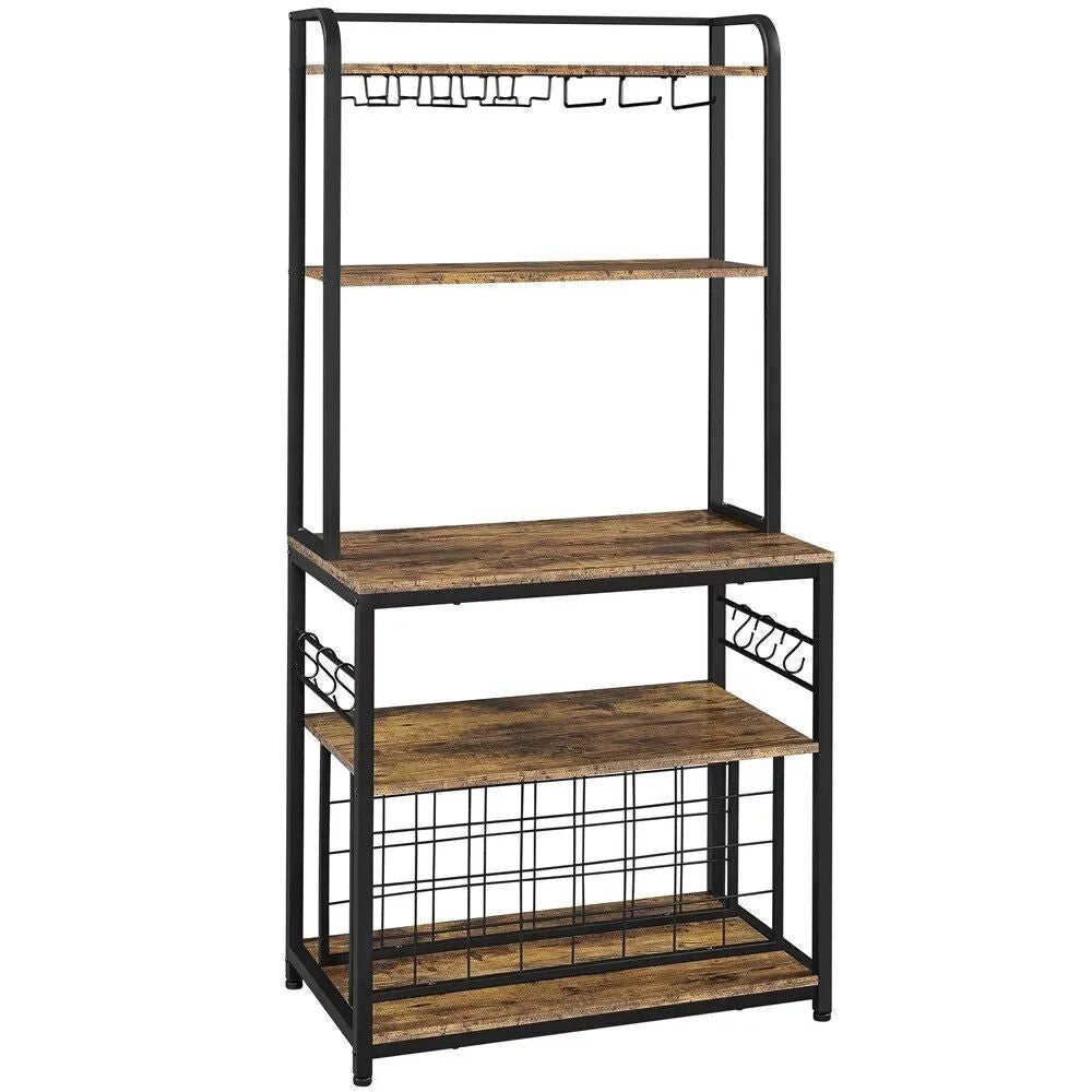 Rustic Brown 65" Wine Bakers Rack with Glass and Wine Storage for Home Bar